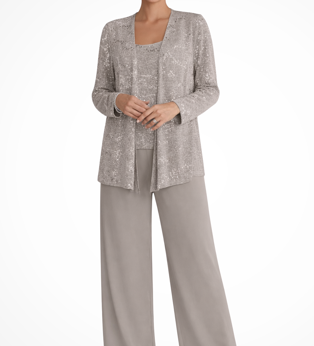 Miriam | Damen Pailletten-Spitzenjacke Drei-Teile Weitbeiniger Hochzeitsgastanzug
