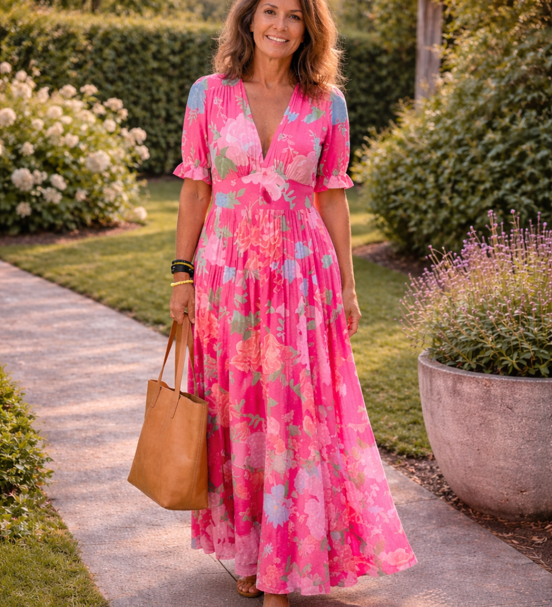 Ione | Kurzärmliges V-Ausschnitt Blumen-Midi-Kleid