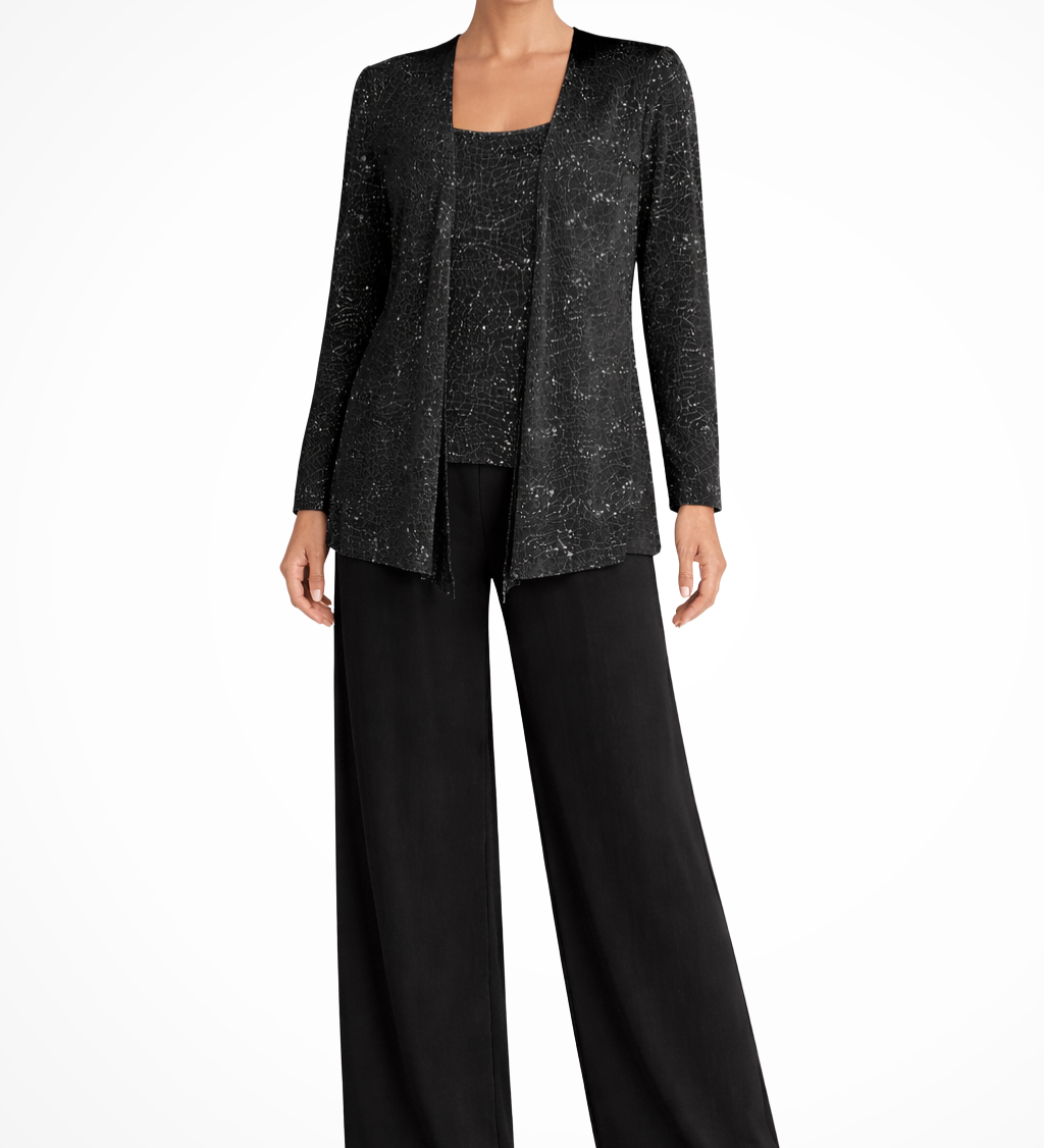 Miriam | Damen Pailletten-Spitzenjacke Drei-Teile Weitbeiniger Hochzeitsgastanzug