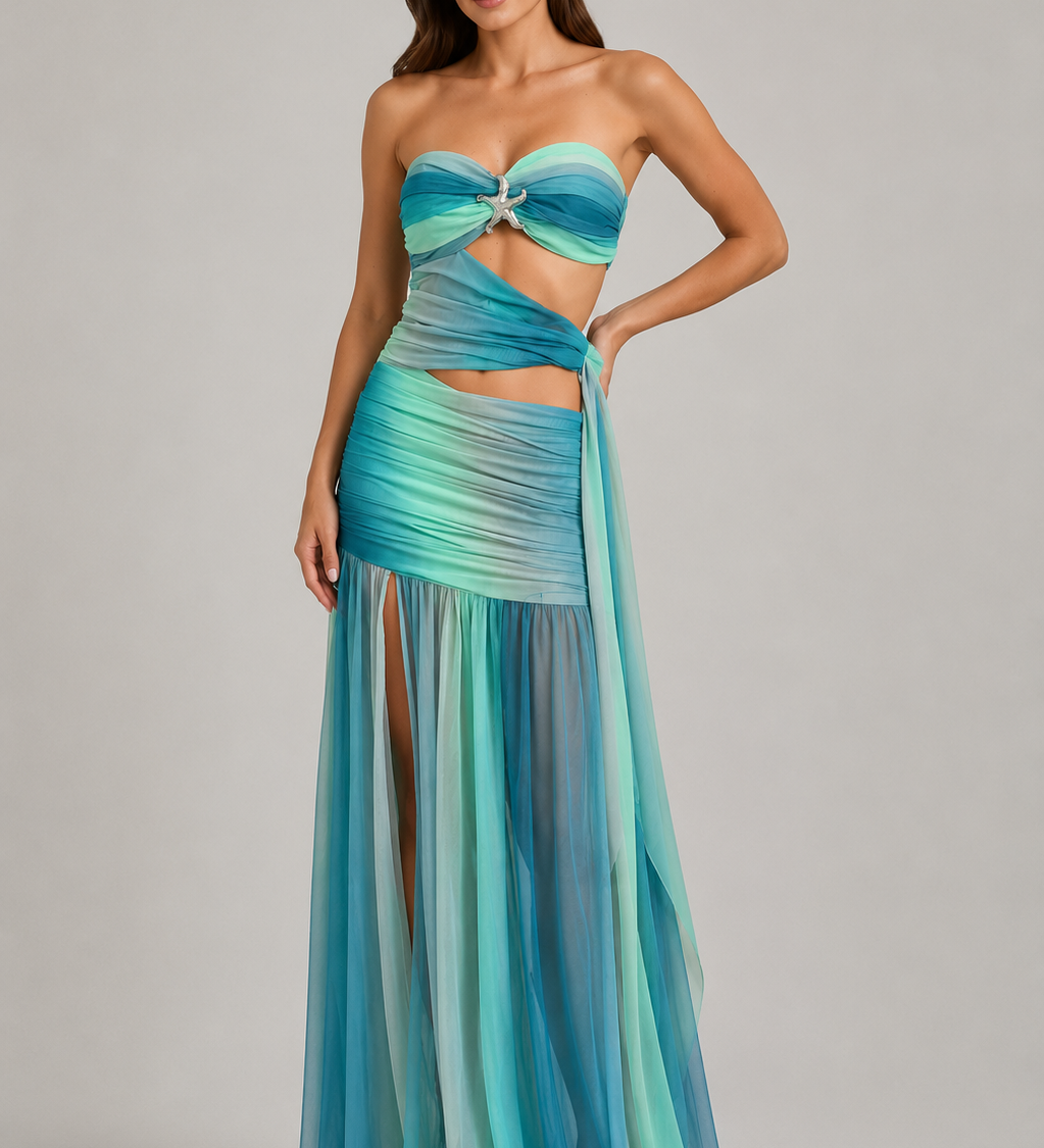 Wren | Damen Trägerloses Mesh Cut-Out Maxi Sommerkleid