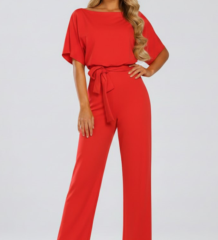 Mia | Damen Sommer-Jumpsuit mit Gürtel und weitem Bein