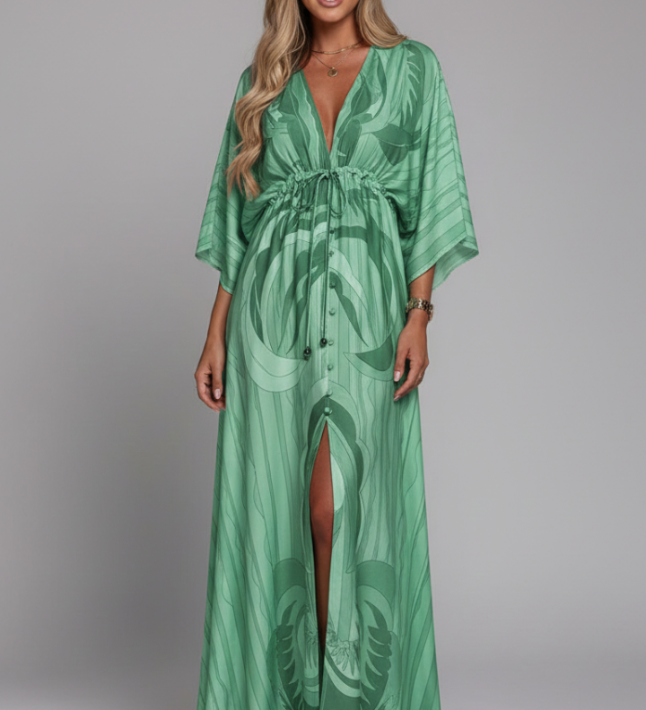 Alice | Damen Maxi-Kleid mit V-Ausschnitt und Bindegürtel