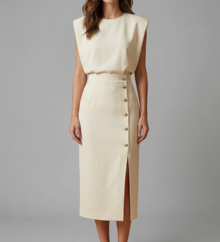 Mohnblume | Damen Midi-Kleid mit Rundhalsausschnitt und Knopf-Schlitz