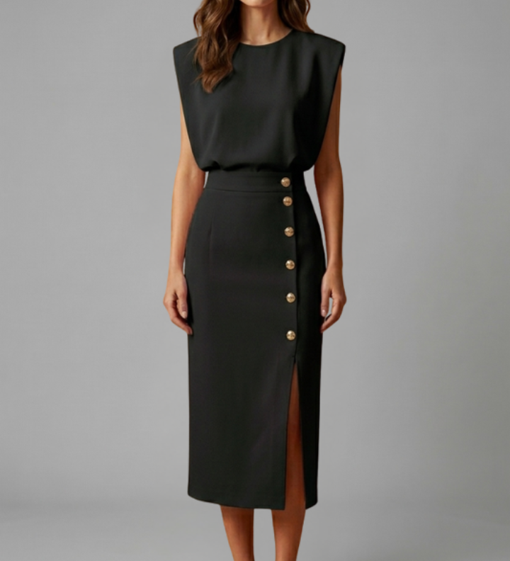 Mohnblume | Damen Midi-Kleid mit Rundhalsausschnitt und Knopf-Schlitz
