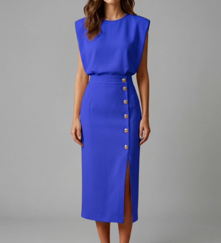 Mohnblume | Damen Midi-Kleid mit Rundhalsausschnitt und Knopf-Schlitz