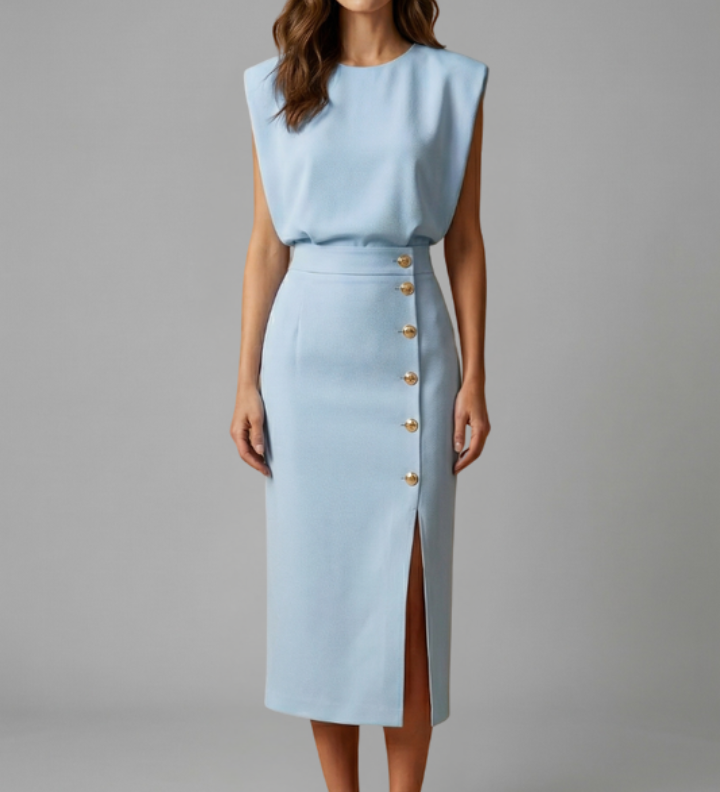 Mohnblume | Damen Midi-Kleid mit Rundhalsausschnitt und Knopf-Schlitz